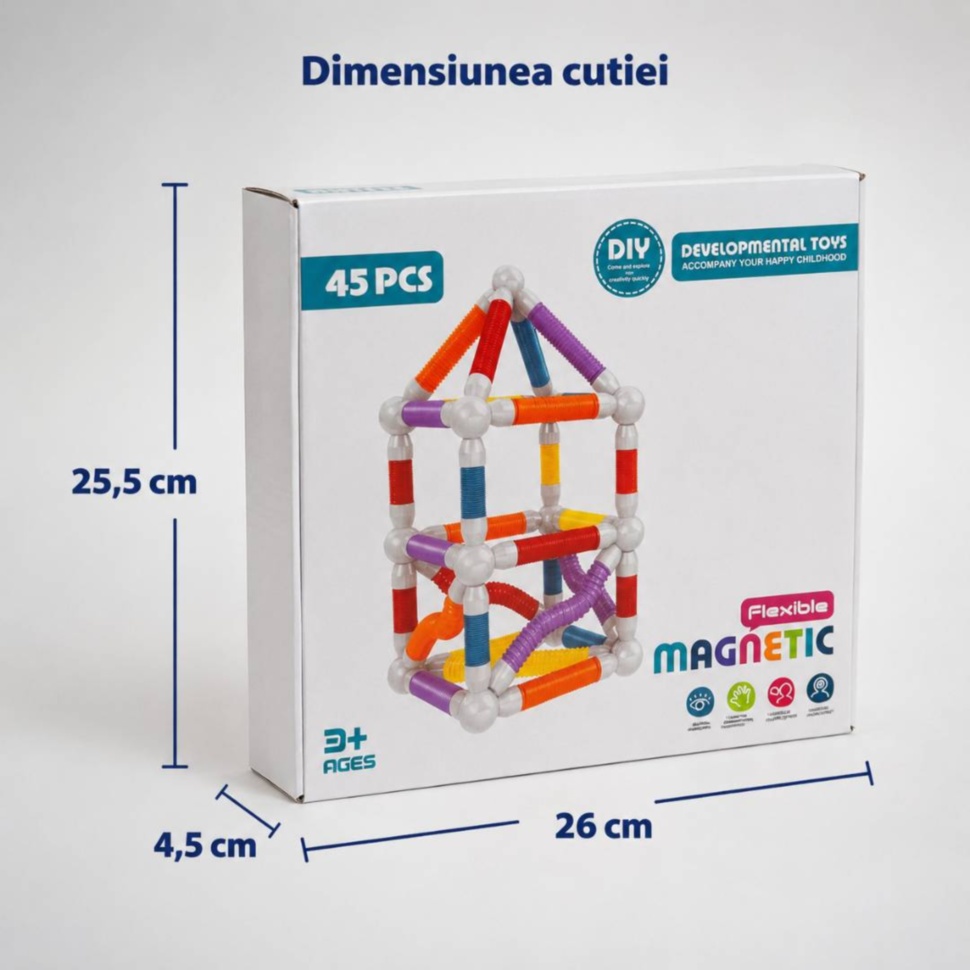 Dimensiunea cutiei setului magnetic de construcție 26 × 25,5 × 4,5 cm
