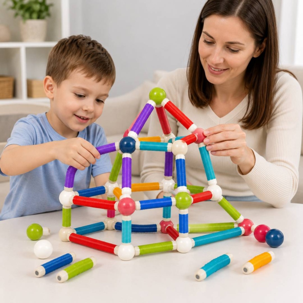 Părinte și copil construiesc împreună un model 3D cu set magnetic