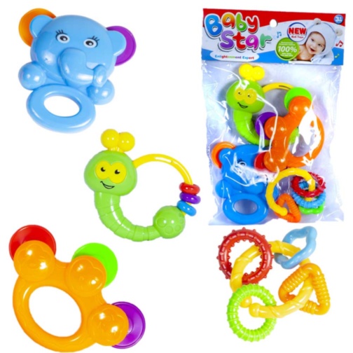 Set 4 Zornăitoare, Elefant, Melc, Inele Colorate și Tamburină