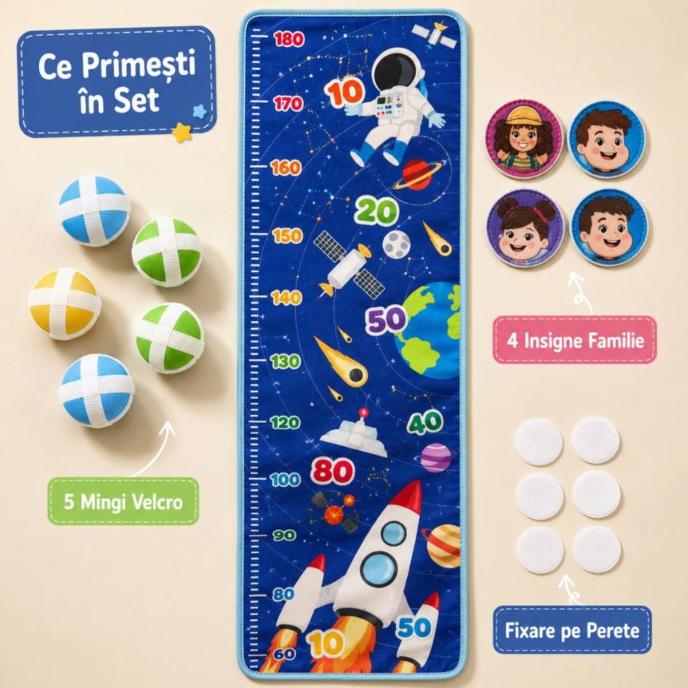 Ce primești în set: panou de măsurat, 5 mingi Velcro, 4 insigne familie și fixare pe perete