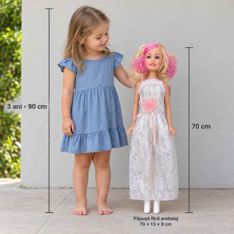 Dimensiunile păpușii fără ambalaj, 70 × 13 × 9 cm, comparate cu înălțimea unei fetițe de 90 cm