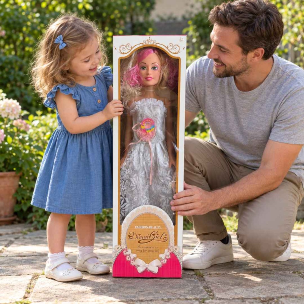 Fetiță și tată descoperind păpușa muzicală de 70 cm în cutia originală