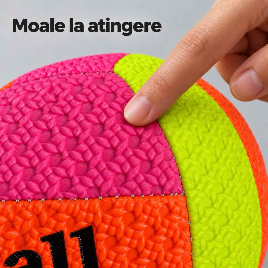 Detaliu al suprafeței texturate a mingii, atinsă ușor cu degetul pentru a arăta textura soft touch