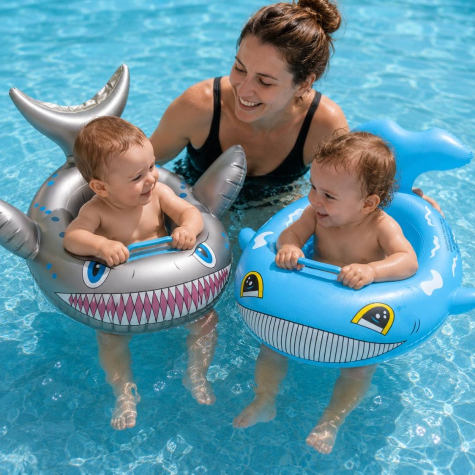 Bebeluși în piscină în colac gonflabil model balenă și rechin cu adultul aproape