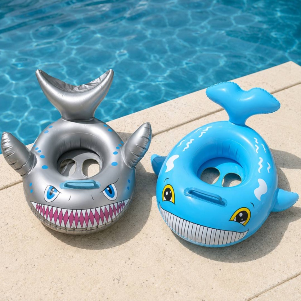 Colac gonflabil model balenă și rechin lângă piscină