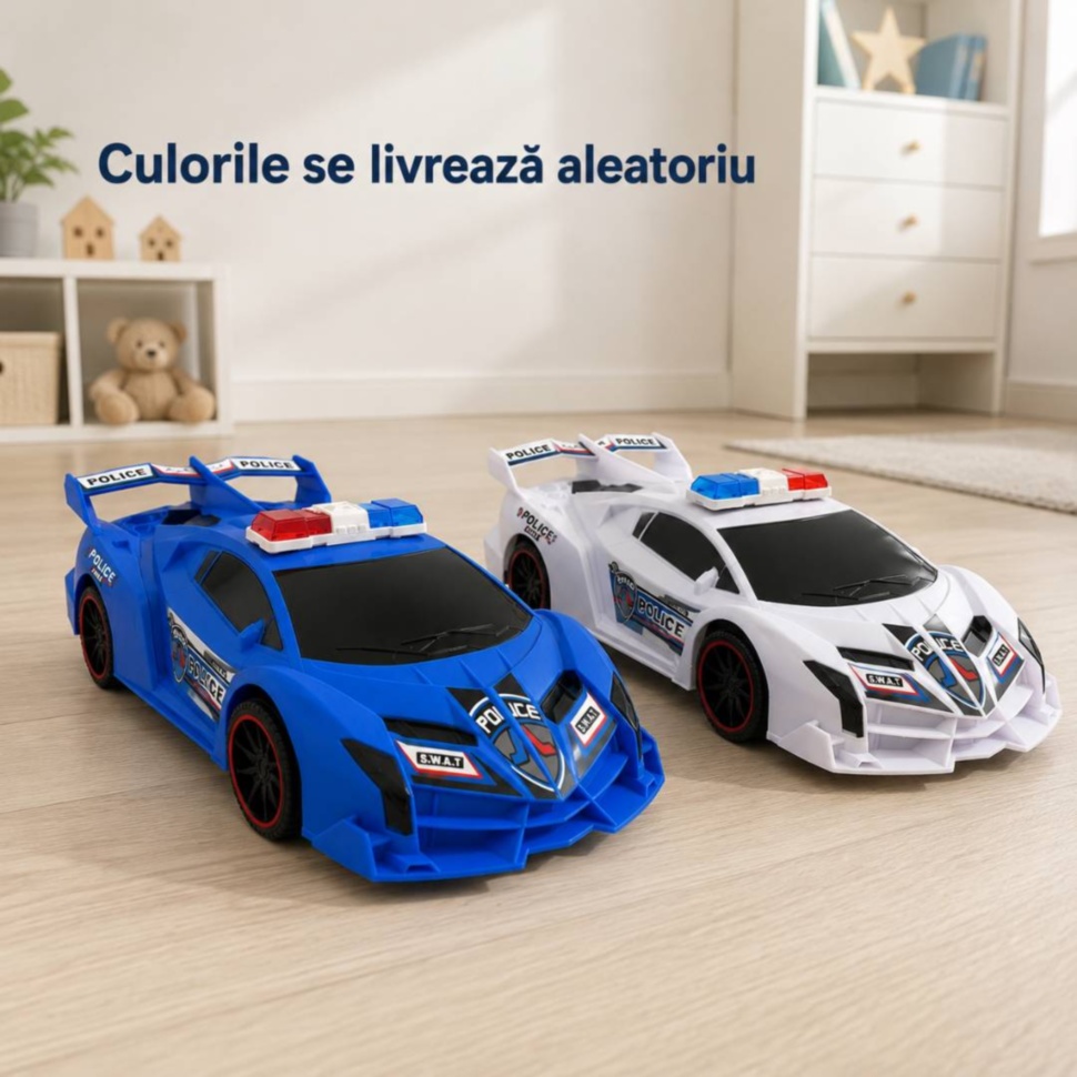 Copil se joacă pe podea cu mașina sport de poliție cu inerție