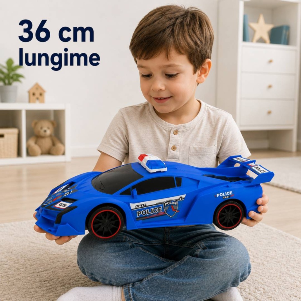 Copil ține în brațe mașina de poliție cu lungime 36 cm