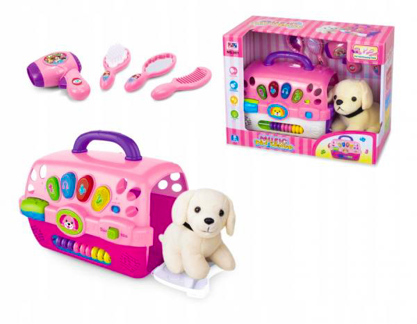 Cățel de Pluș cu Cușcă de Transport cu Lumini, Muzică și Accesorii de Îngrijire