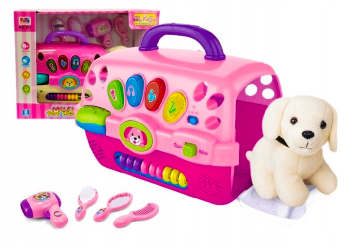 Cățel de Pluș cu Cușcă de Transport cu Lumini, Muzică și Accesorii de Îngrijire