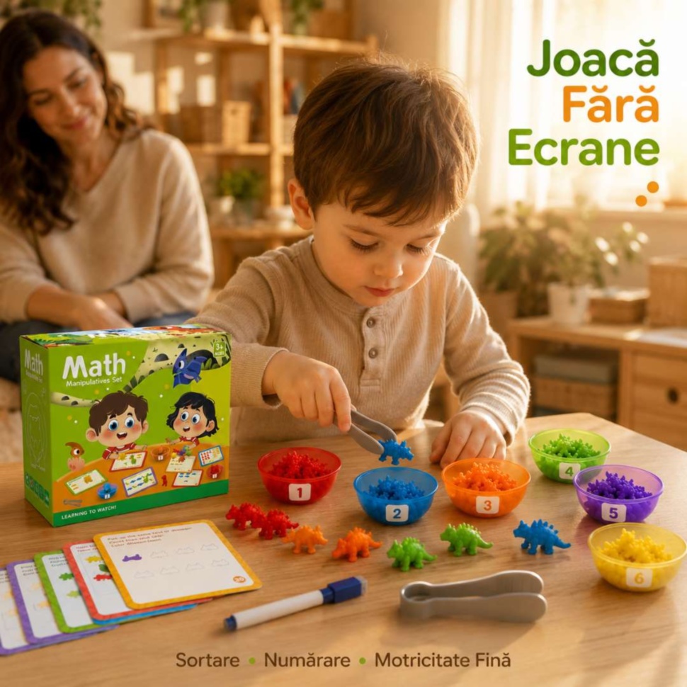 Joc educativ Montessori cu dinozauri pentru sortare și numărare