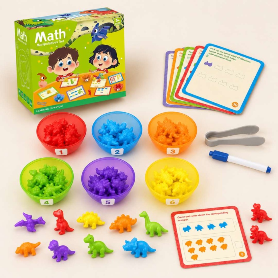 Set Montessori cu boluri colorate, dinozauri, carduri, marker și pensetă