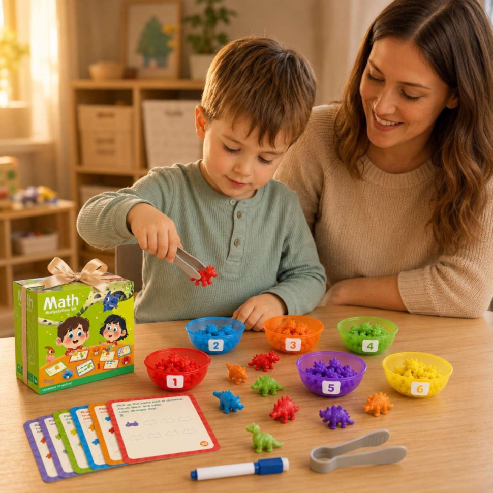 Mamă și copil se joacă cu setul Montessori cu dinozauri