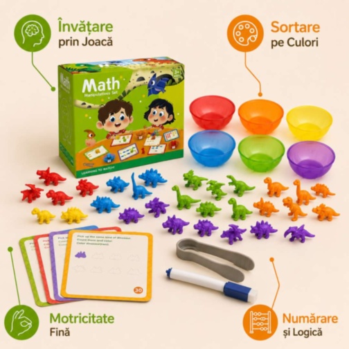 Joc Montessori de Sortare și Numărare cu Dinozauri