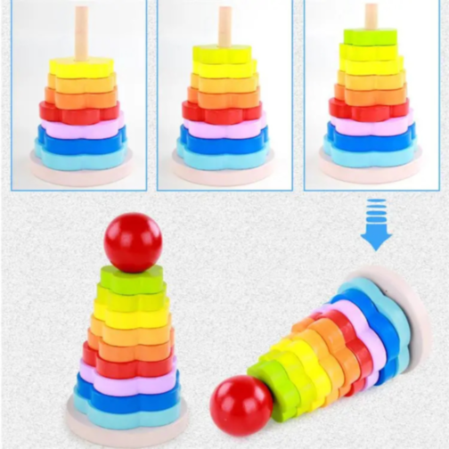 Stivuitor Montessori din Lemn cu Inele Colorate