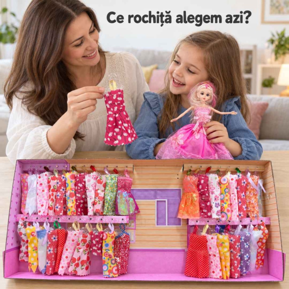 Mamă și fetiță aleg împreună o rochiță de schimb pentru păpușa Beautiful