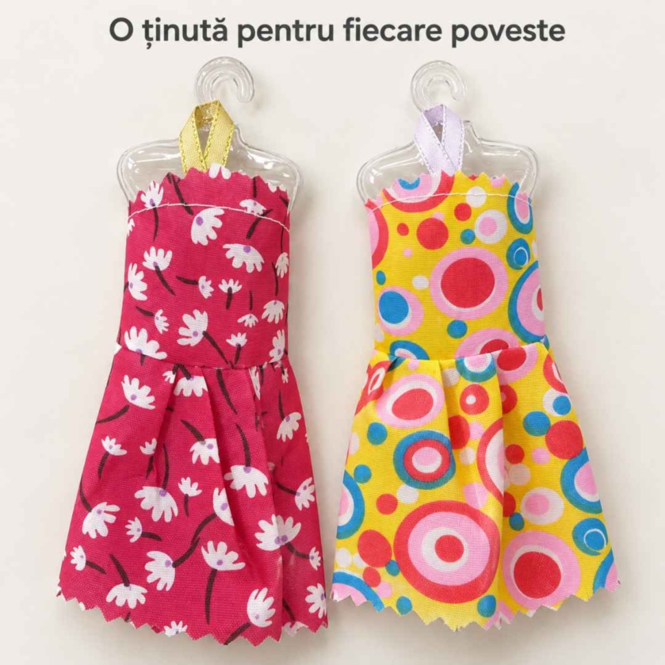 Detalii ale rochițelor de schimb cu imprimeuri colorate; culorile și modelele pot varia
