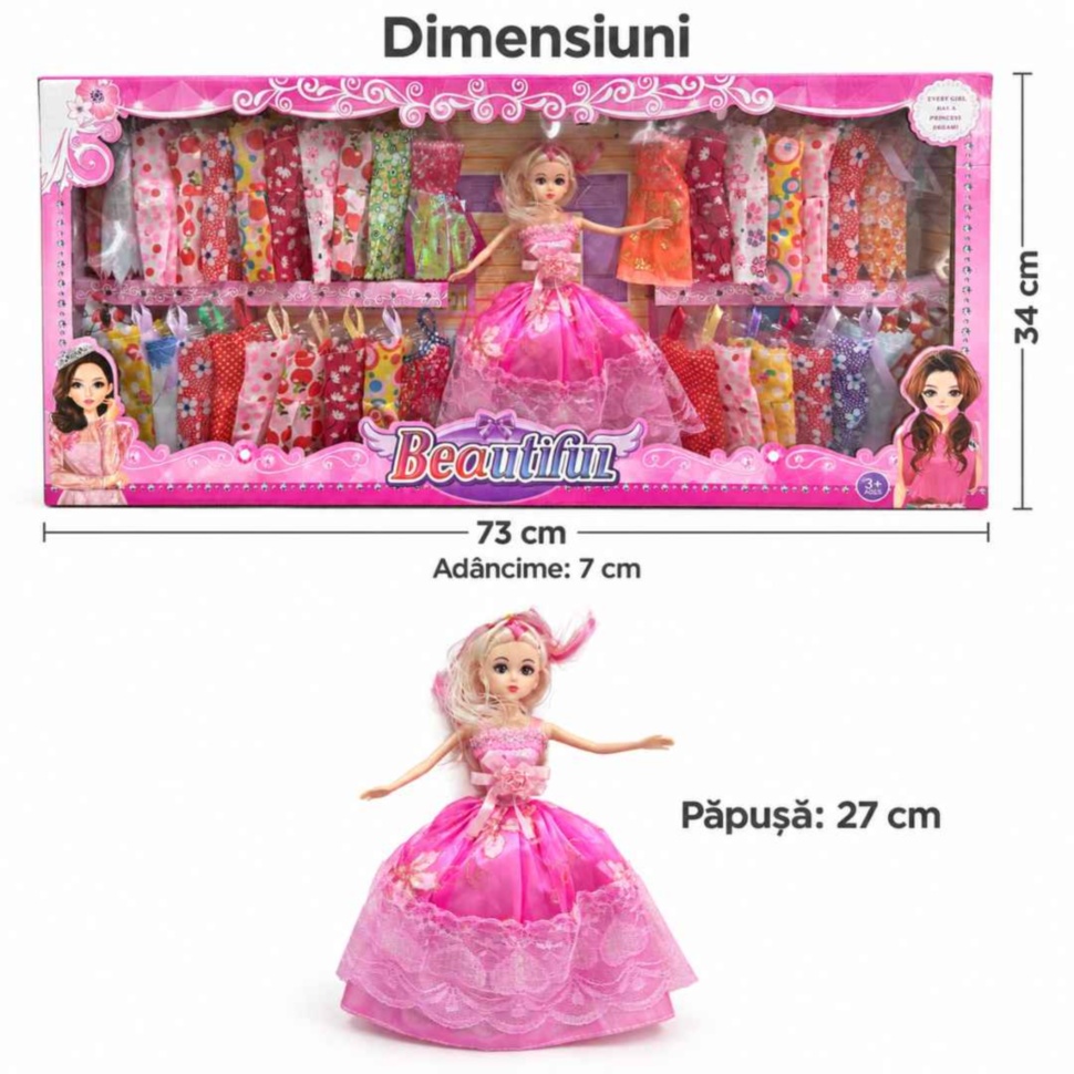 Dimensiuni set Beautiful: cutie de 73 × 34 × 7 cm și păpușă de 27 cm