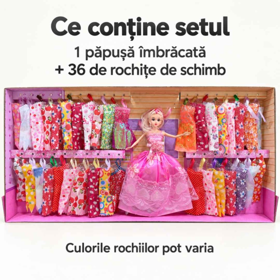 Conținutul setului: o păpușă îmbrăcată și 36 de rochițe de schimb în culori care pot varia