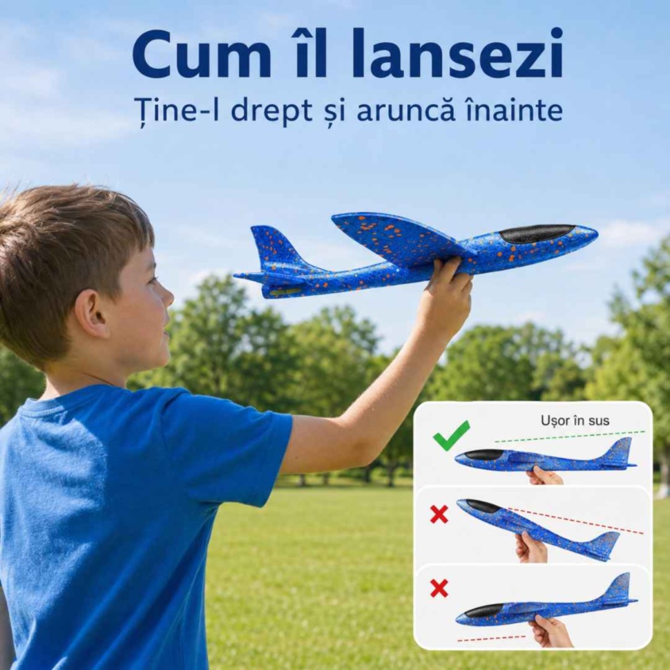 Copil lansând corect avionul planor din spumă EPP