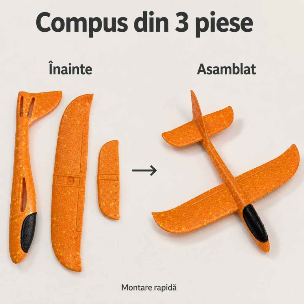 Cele trei piese ale avionului planor înainte și după asamblare