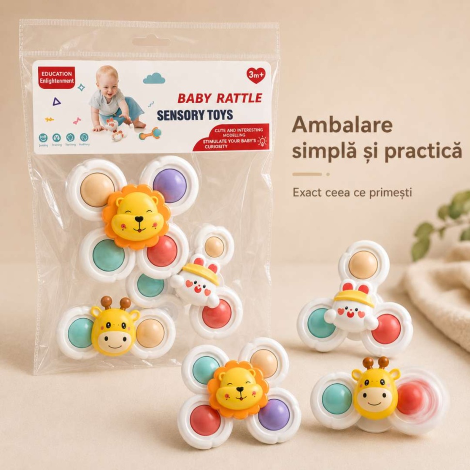 Ambalajul transparent și cele trei modele incluse în set: leu, iepuraș și girafă