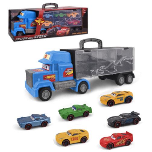 Trailerul Cars cu 6 Mașinuțe de Metal Fulger Mcqueen