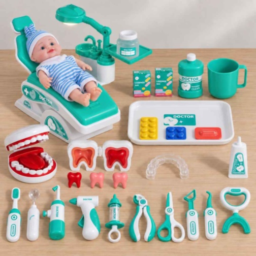 Set dentist turcoaz pentru copii cu păpușă și fotoliu