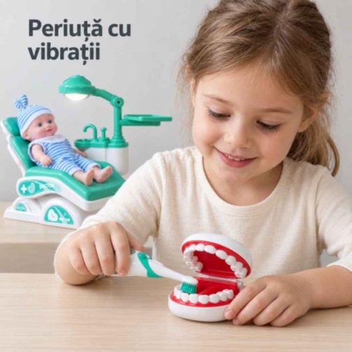 Set dentist turcoaz pentru copii cu păpușă și fotoliu