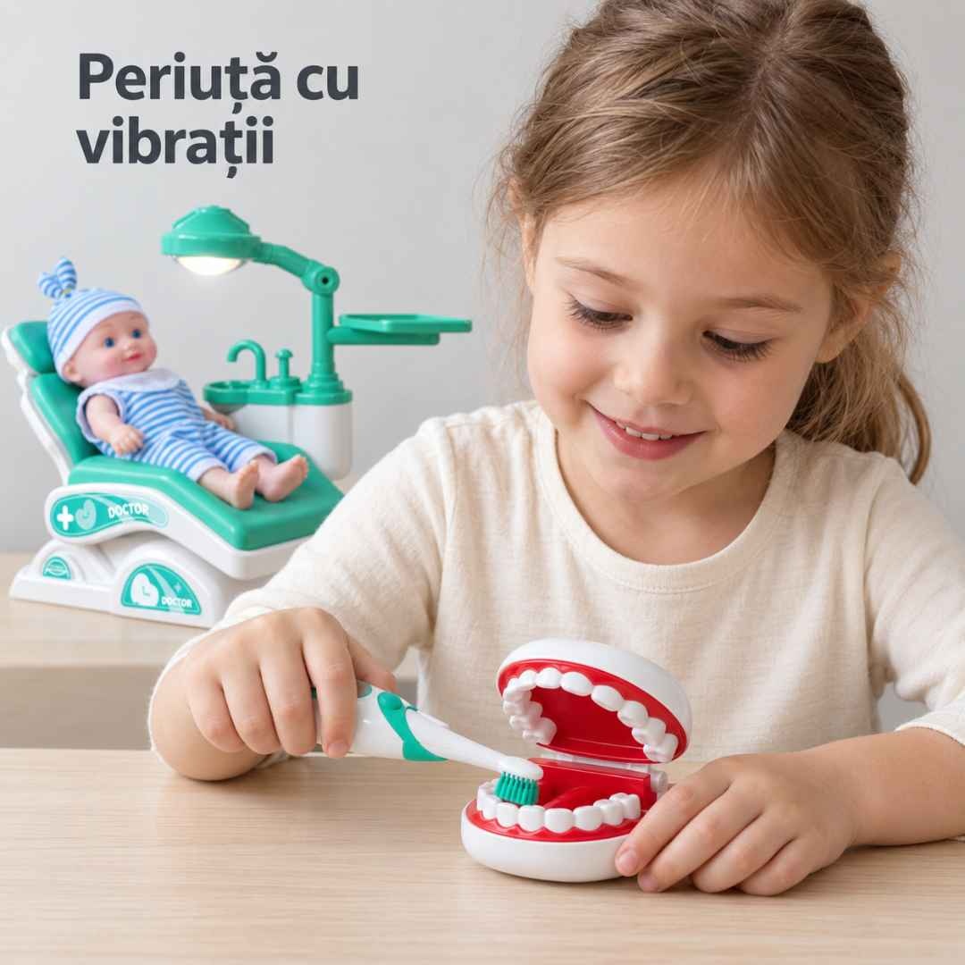 Copil folosește periuța cu vibrații pe modelul de dantură din setul dentist turcoaz