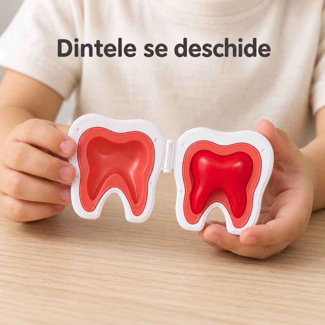 Copil deschide modelul de dinte inclus în setul de joacă dentist