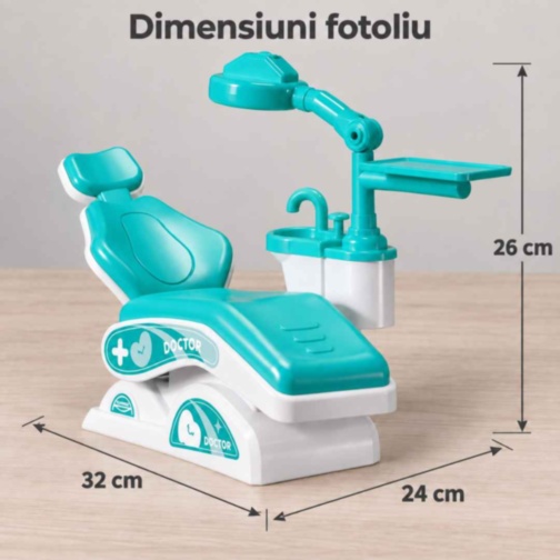 Set dentist turcoaz pentru copii cu păpușă și fotoliu