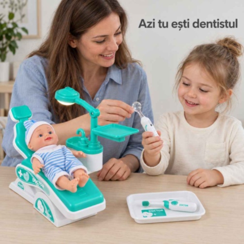 Set dentist turcoaz pentru copii cu păpușă și fotoliu