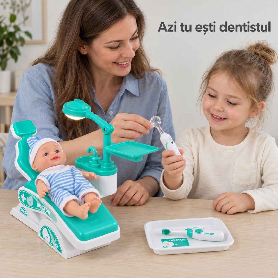 Mamă și copil se joacă împreună cu setul dentist alb cu turcoaz și păpușa din fotoliu