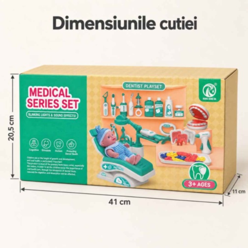 Set dentist turcoaz pentru copii cu păpușă și fotoliu