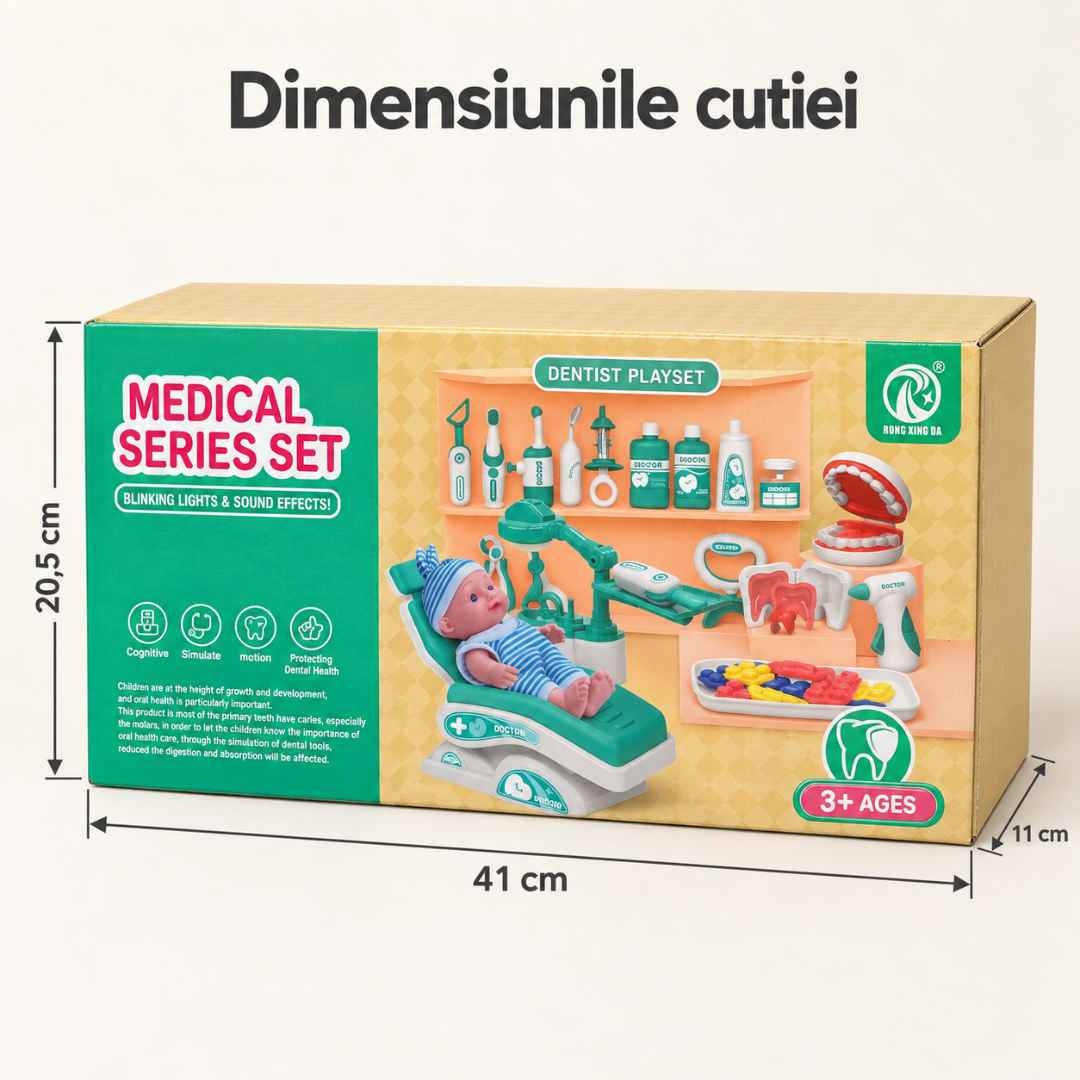 Dimensiunile cutiei setului dentist alb cu turcoaz: 41 × 20,5 × 11 cm