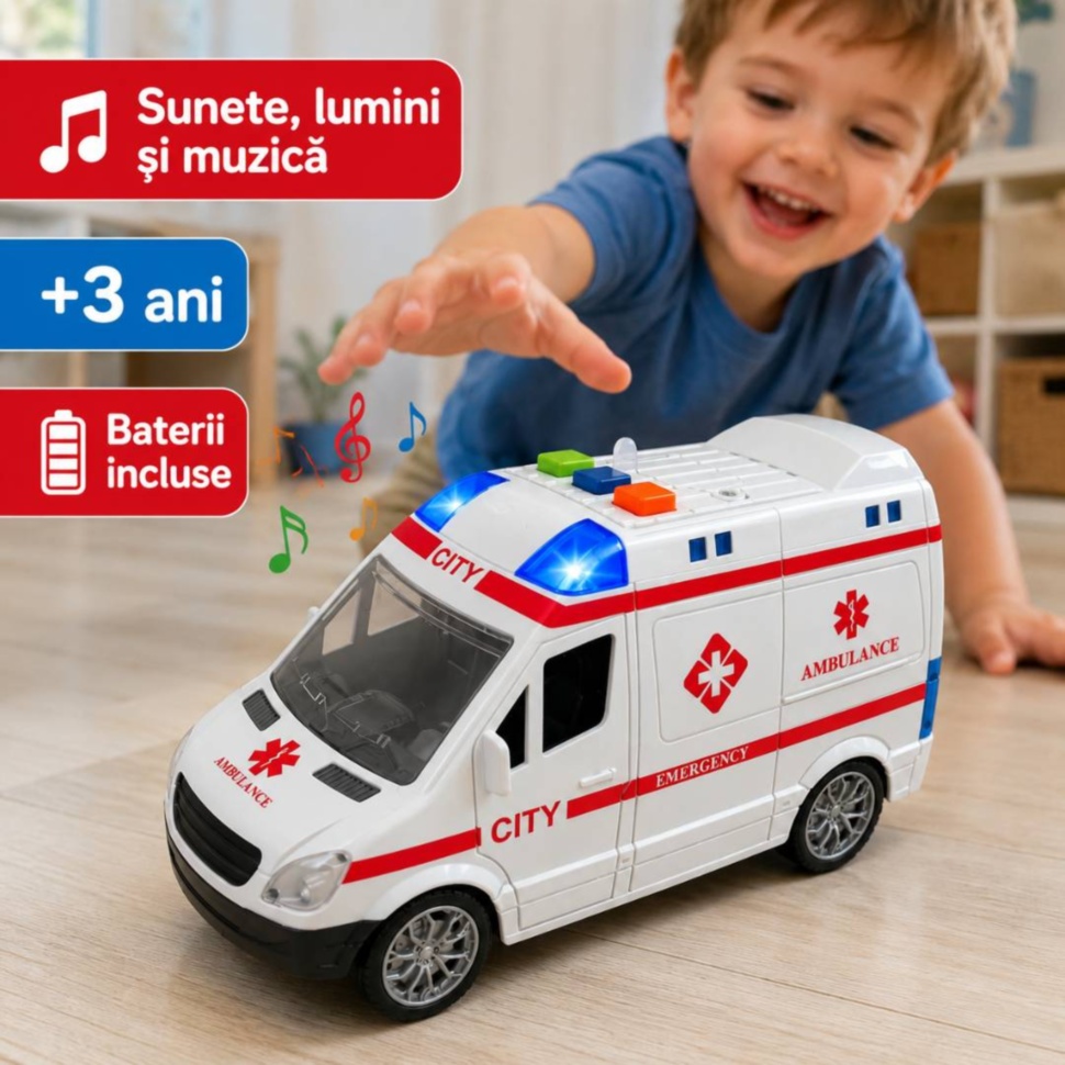 Ambulanță de jucărie cu sunete, lumini, muzică și baterii incluse