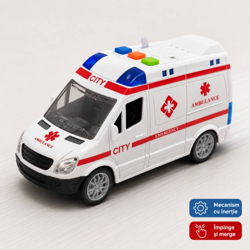 Ambulanță de jucărie cu mecanism cu inerție, împingi și merge