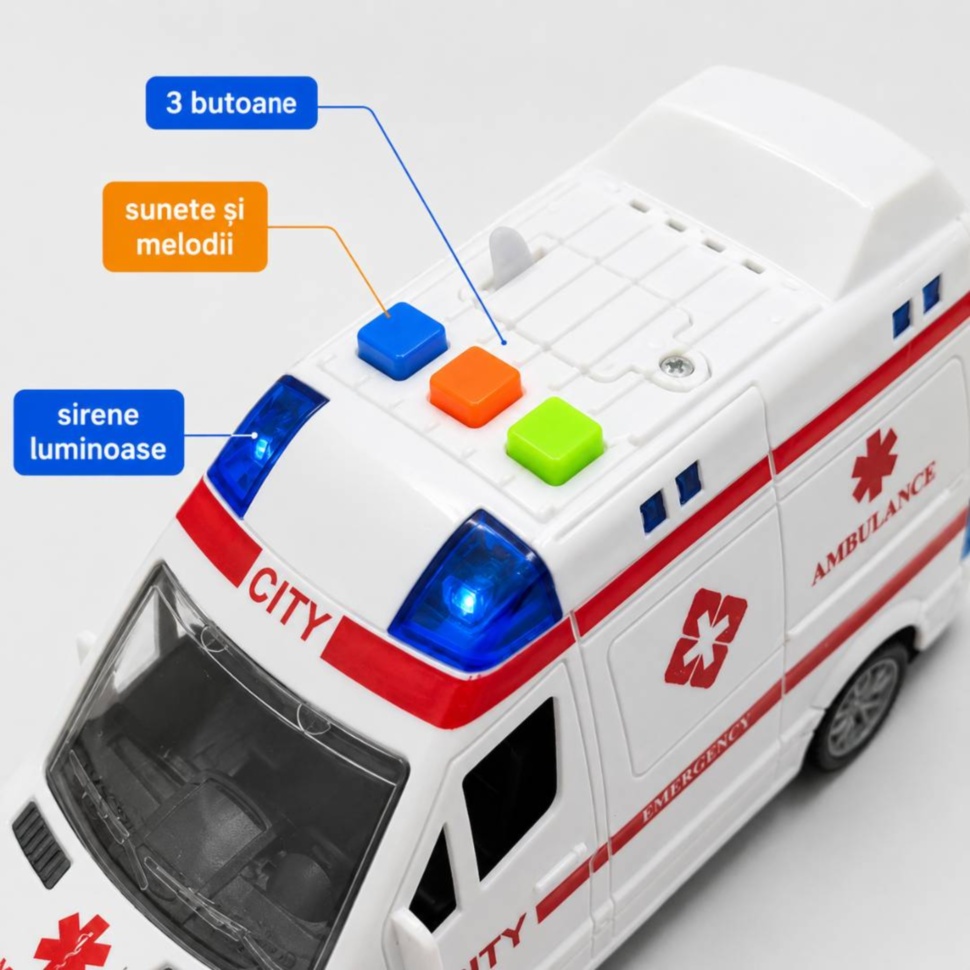Ambulanță de jucărie cu 3 butoane, sunete, melodii și sirene luminoase