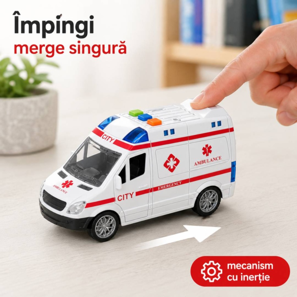 Ambulanță de jucărie cu mecanism cu inerție, se împinge și merge singură