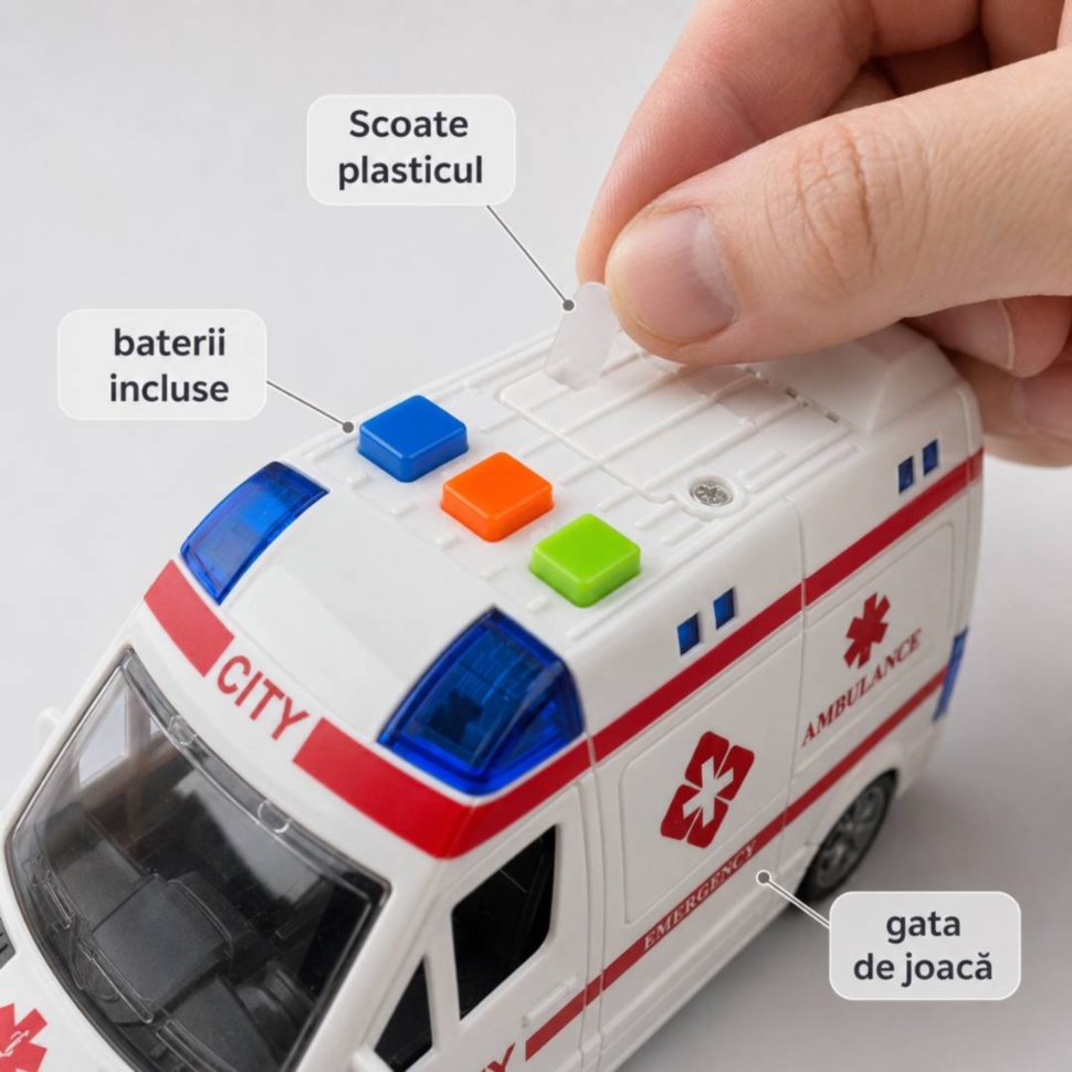 Activare ambulanță de jucărie prin scoaterea plasticului de contact