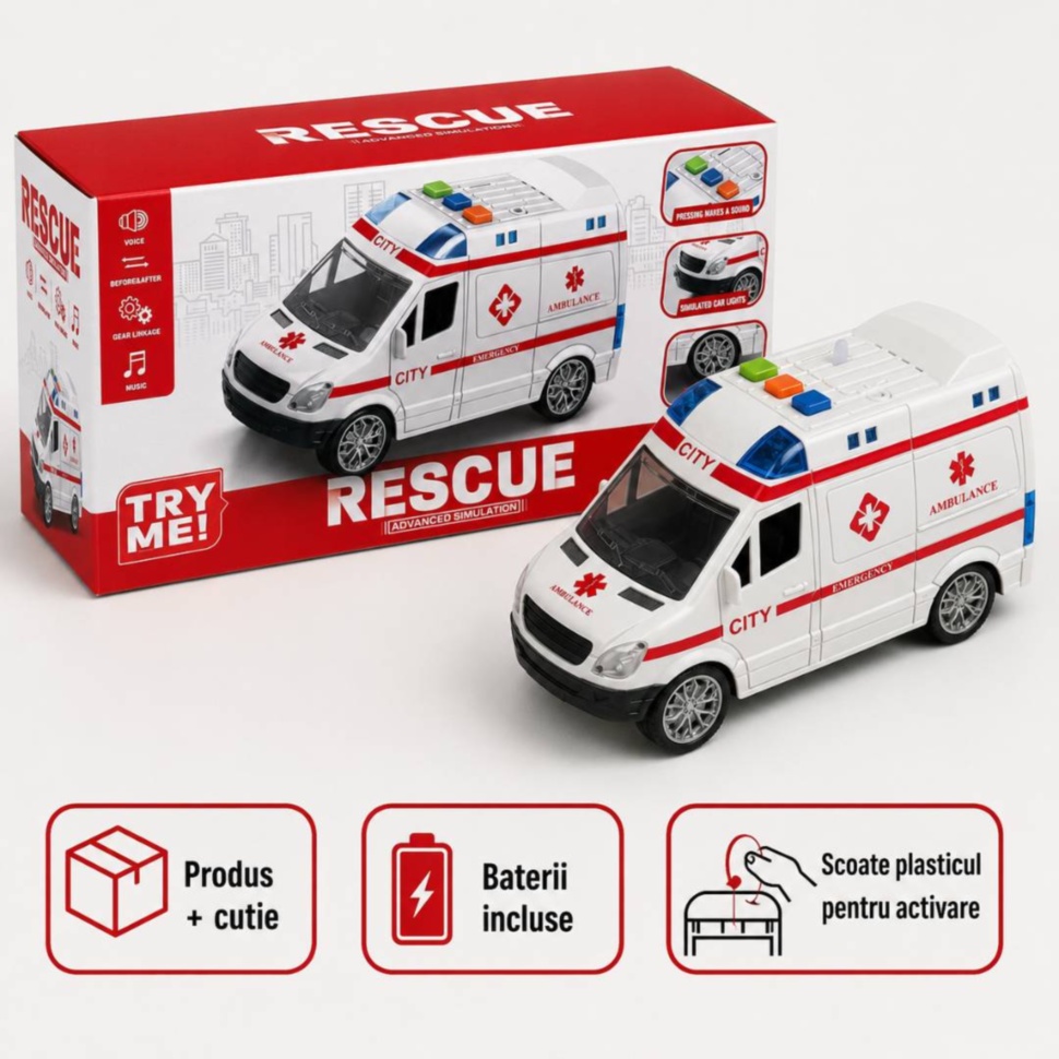 Ambulanță de jucărie cu cutie de prezentare, baterii incluse și instrucțiune de activare