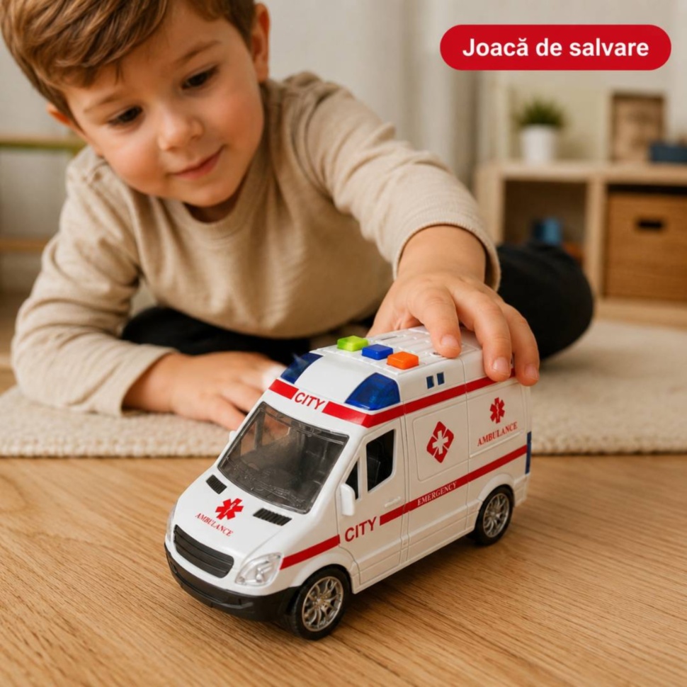 Băiețel se joacă pe podea cu ambulanța de jucărie în misiune de salvare