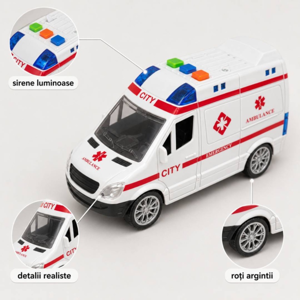 Detalii ambulanță de jucărie cu sirene luminoase, roți argintii și design realist