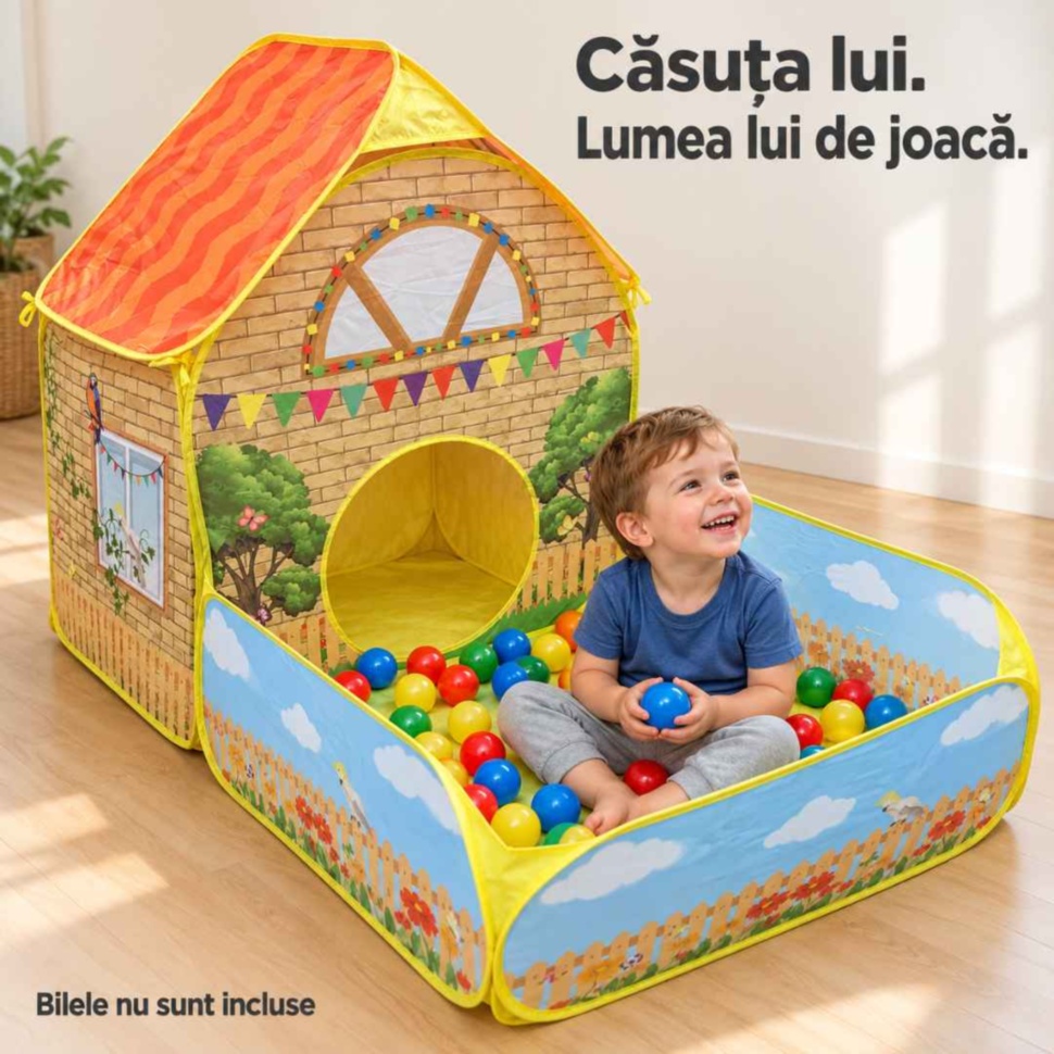 Căsuță cort de joacă 2 în 1 cu piscină pentru bile, folosită de un copil; bilele nu sunt incluse