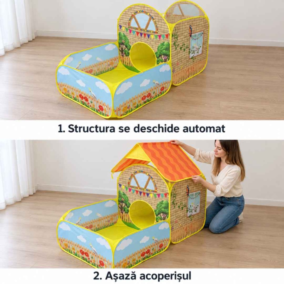 Pregătirea cortului de joacă: structura se deschide automat, apoi un adult așază acoperișul