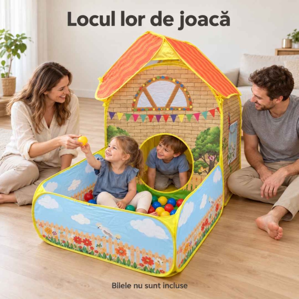 Părinți și copii se joacă împreună lângă căsuța cort cu piscină pentru bile neincluse