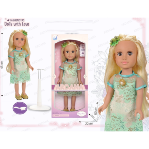 Păpușă Ardana – Rochie Verde cu Dantelă și Pantofi Aurii