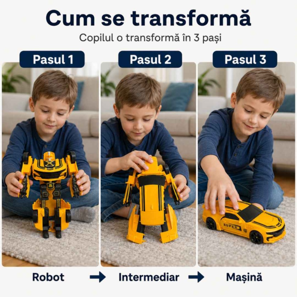 Copil transformă jucăria din robot în mașină în trei pași