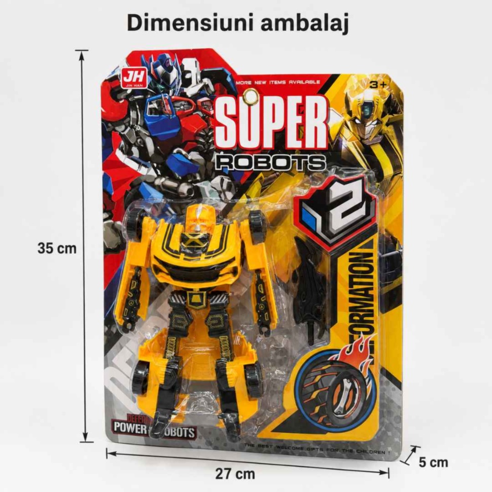 Dimensiunile ambalajului mașinii transformabile în robot, 35 pe 27 pe 5 centimetri