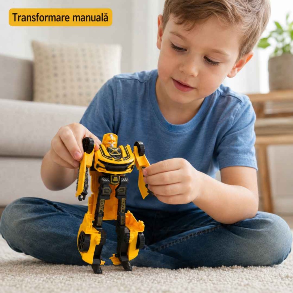 Copil transformă manual robotul galben prin mișcarea pieselor